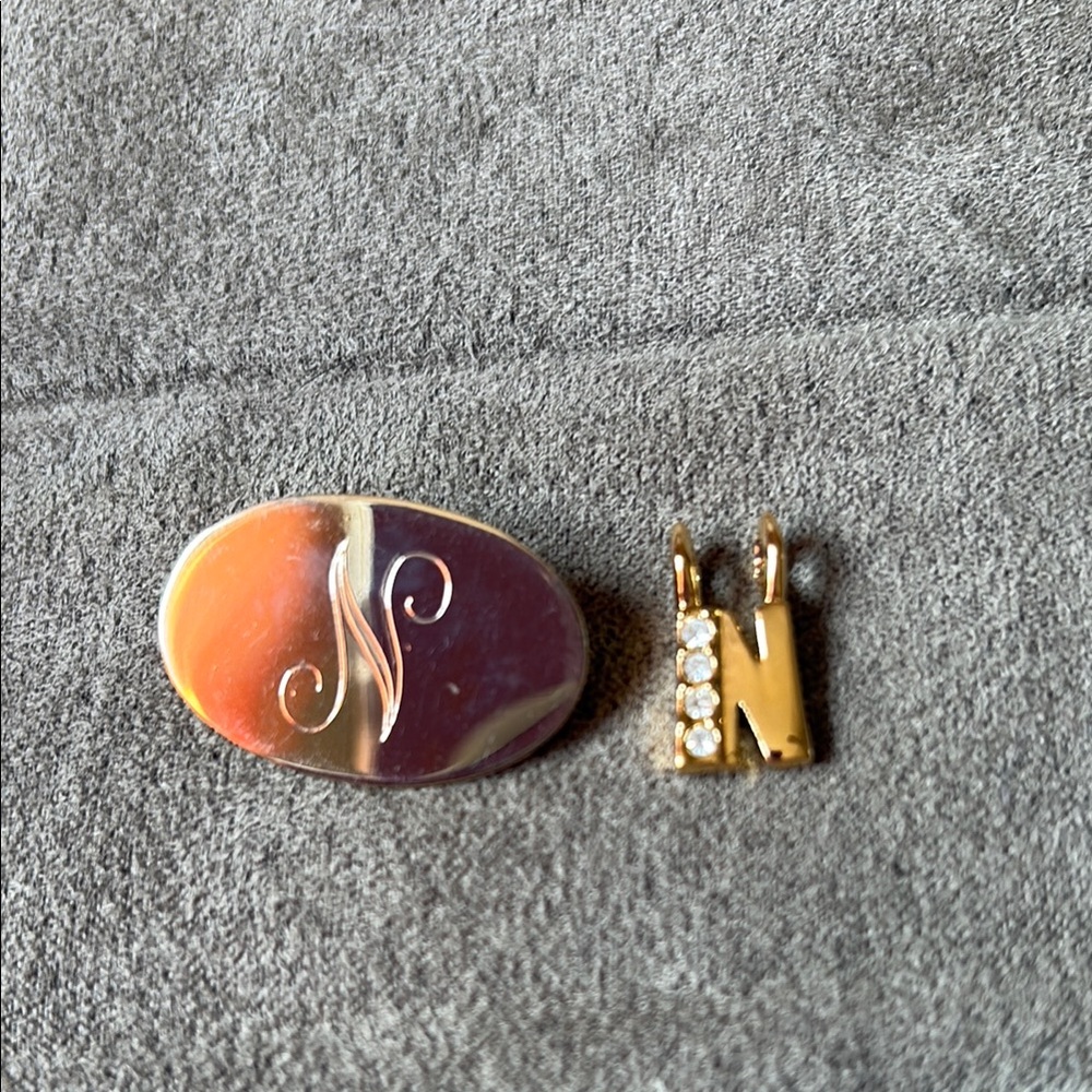 Gold Initial Pendant with Diamonds and Initial Engraved Pin “N”